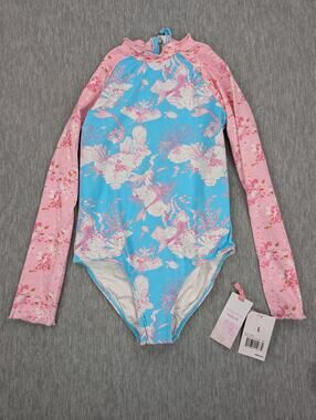 LoveShackFancy Hurley Swimsuit Girls Large 12-14 Blue Pink Rash Guard One Piece